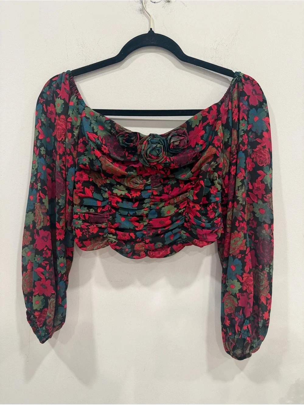 Free People Oh Layla Top Floral Crop Blouse Black Motif size XS